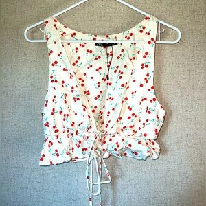 Zara White Cherry Print Satin Plunge Front Tie Sleeveless Crop Top